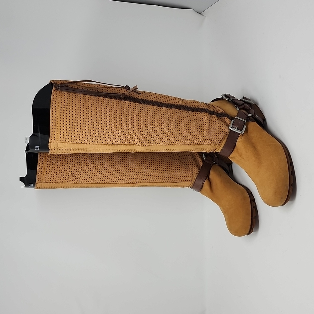Anthropologie Bacio 61 Parpare Tan Perforated Leather Tall Ridding Boot Size 7